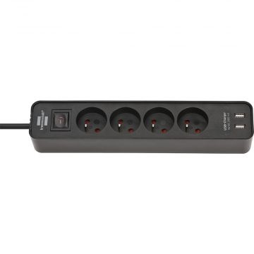 BRENNENSTUHL stekkerdoos met schakelaar 4-voudig met penaarde en 2 USB A 3 meter - zwart (1153244006)
