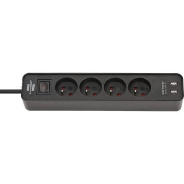 BRENNENSTUHL stekkerdoos met schakelaar 4-voudig met penaarde en 2 USB A 1,5 meter - zwart (1153244006)