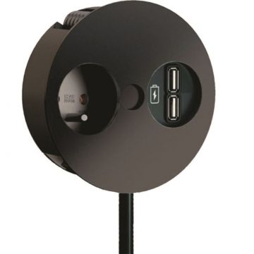 Bachmann TWIST bureau inbouwstekkerdoos met 1x stopcontact met penaarde, USB A/A en 0,2 meter kabel - zwart mat (931.135)