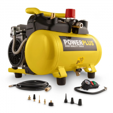 PowerPlus compacte stille compressor olievrij met 6l tank 230V 550W 8 bar 105l/min - set met 9 accessoires (POWX1724S)