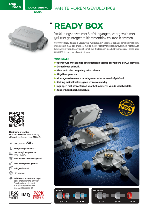 Miniatuur van Raytech READY BOX 90 IP68 met 3 ingangen voorgevuld met gel compleet 90x90x45mm grijs (READYBOX90)