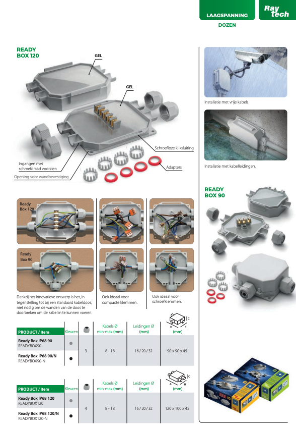 Miniatuur van Raytech READY BOX 90 IP68 met 3 ingangen voorgevuld met gel compleet 90x90x45mm grijs (READYBOX90)